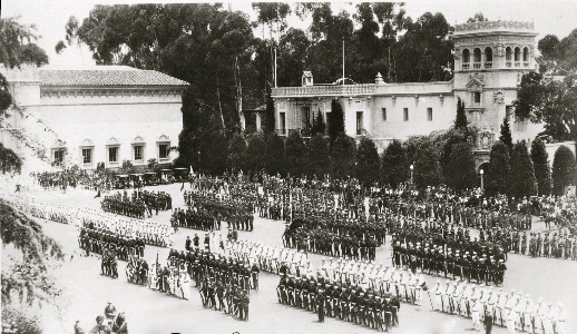 Marines and Sailors stand in formation at Balboa Park in 1915